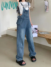 Lunivop Women’s Hong Kong Style Retro Cargo Denim Strap Pants Summer New Chic Young Girl Loose